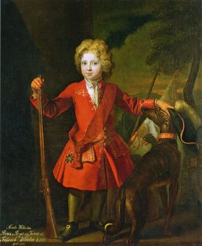 Friedrich Wilhelm I van Pruisen als kind in een rode jachtjas en met de Orde van de Zwarte Adelaar op een sjerp door Samuel Theodor Gericke